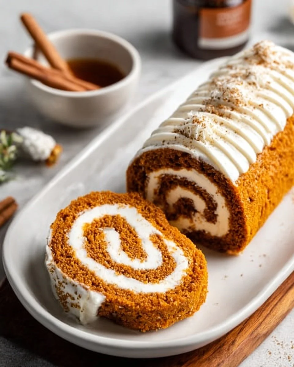 Delicious homemade Pumpkin Roll dessert with cream cheese filling.