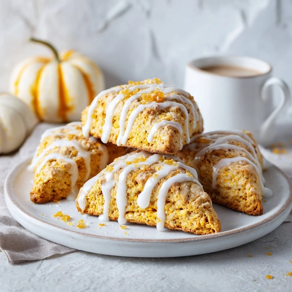 Freshly baked pumpkin scones with spices and glaze