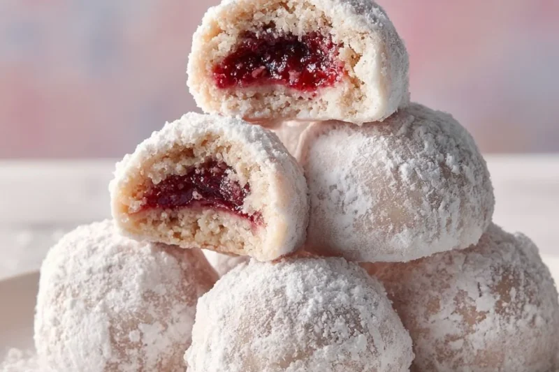 Raspberry Filled Almond Snowball Cookies