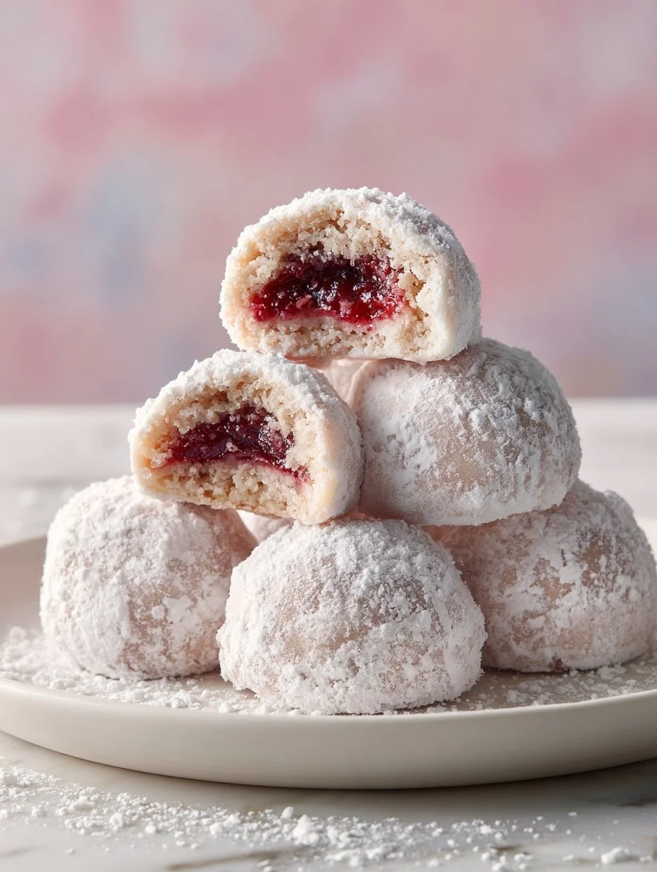 Raspberry filled almond snowball cookies on a plate, dusted with powdered sugar