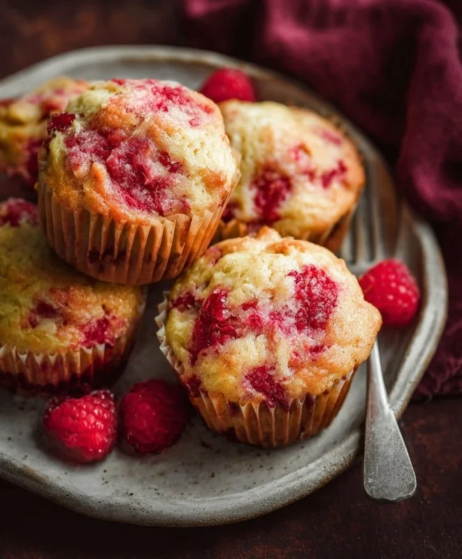 Freshly baked raspberry muffins with a golden crust and juicy raspberries