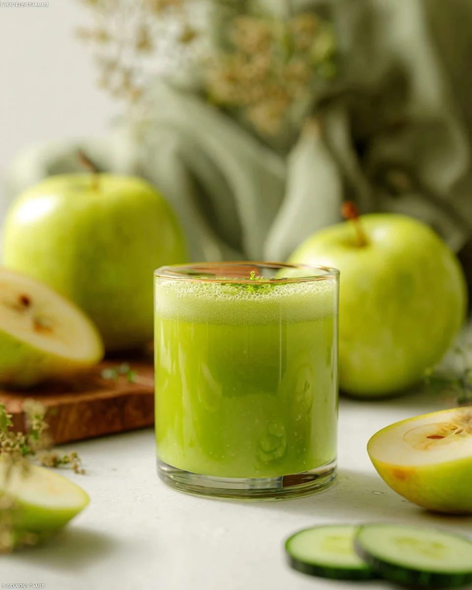 Refreshing green apple juice in a glass with green apples