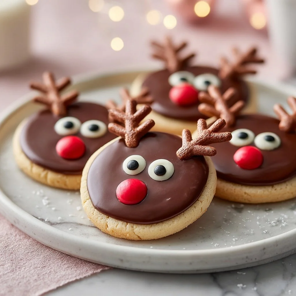 Plate of festive reindeer cookies decorated with icing and candy