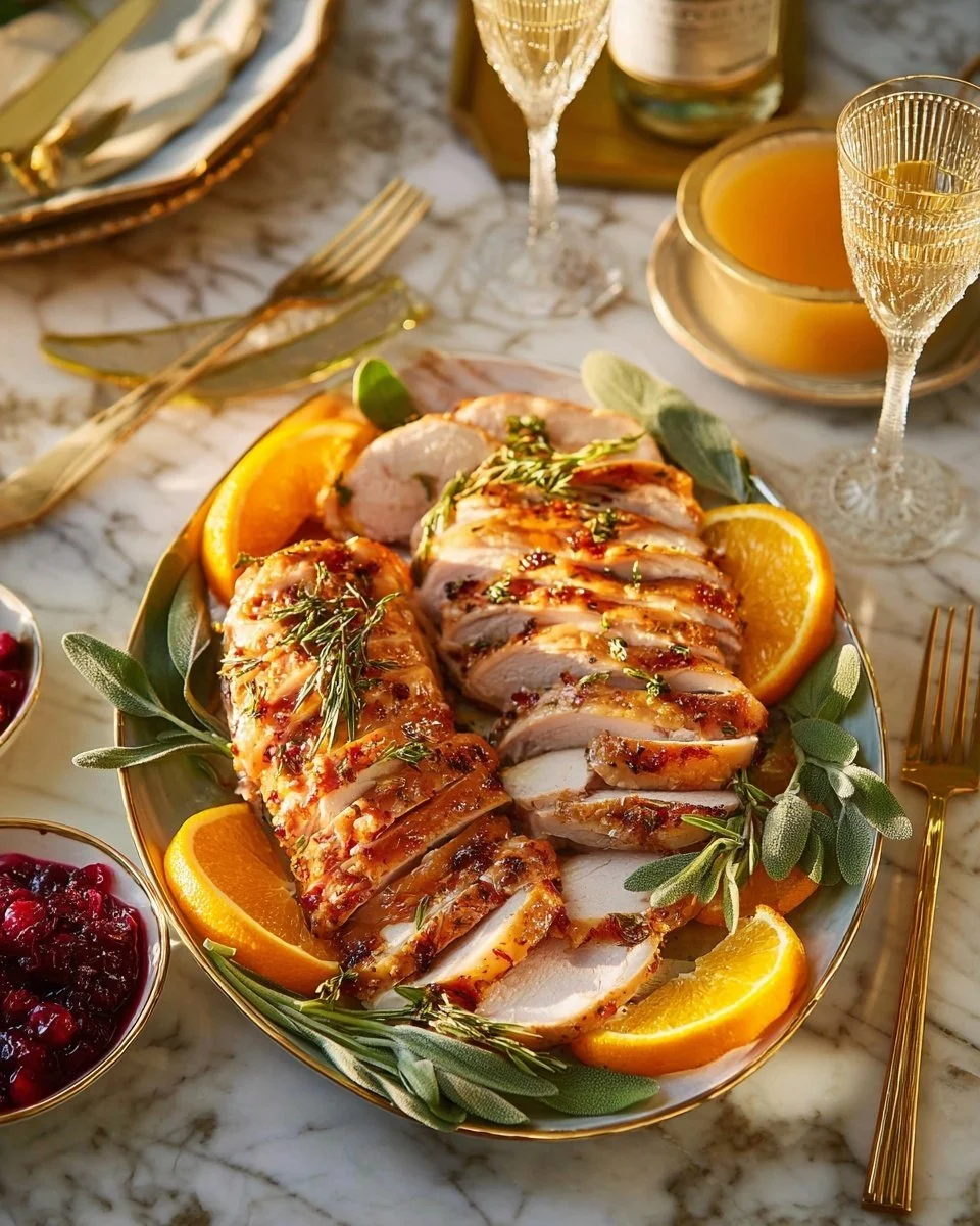 Juicy roasted turkey breast plated with herbs and garnishes.