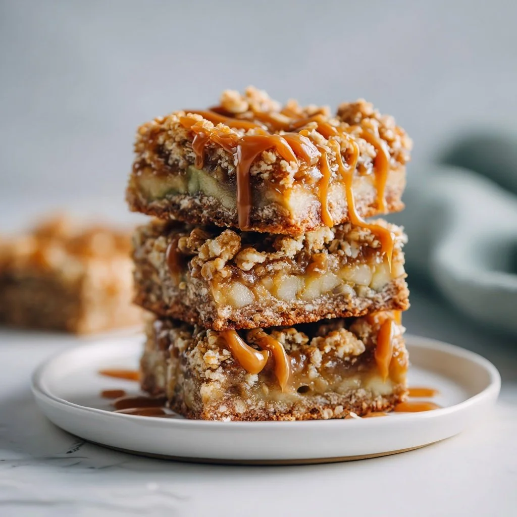 Delicious Salted Caramel Apple Crisp Bars with apple slices and caramel topping