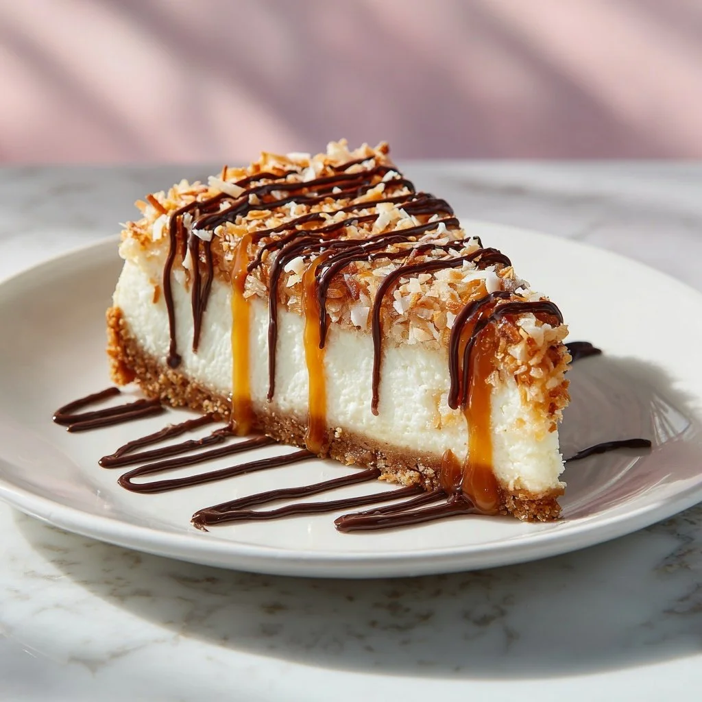 Slice of delicious Samoas Cheesecake topped with toasted coconut and caramel