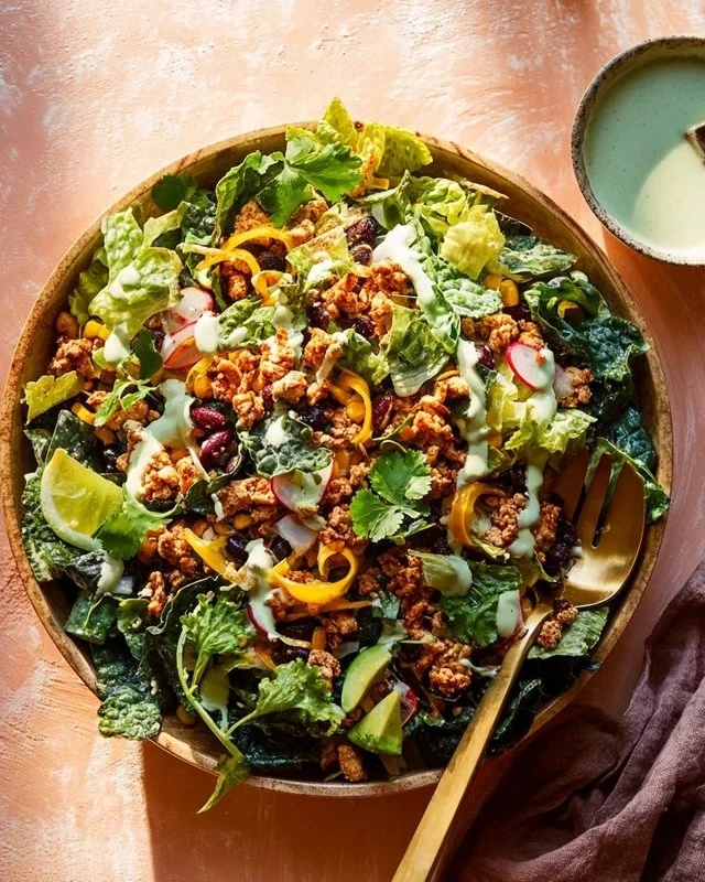 Spicy turkey taco salad with fresh ingredients and vibrant colors