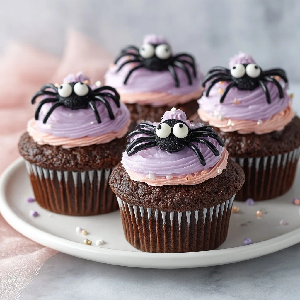 Delicious spider cupcakes decorated for Halloween festivities.