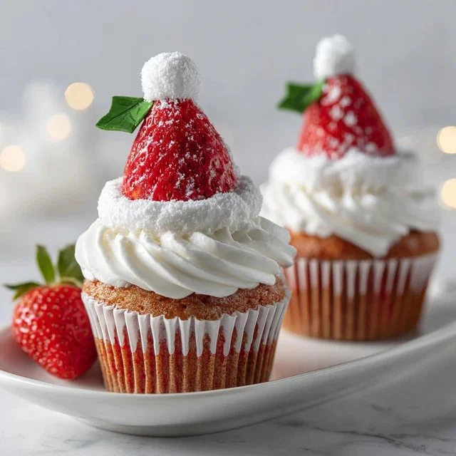 Festive strawberry Santa hat cupcakes decorated for Christmas