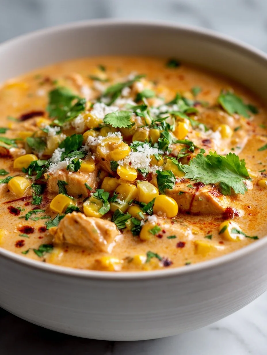 Delicious bowl of Street Corn Chicken Chili garnished with cilantro and lime