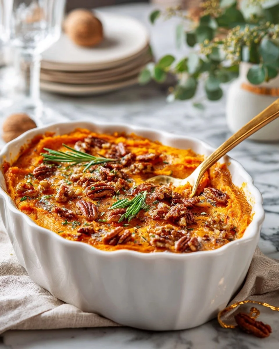 Delicious sweet potato casserole topped with marshmallows and pecans for Thanksgiving