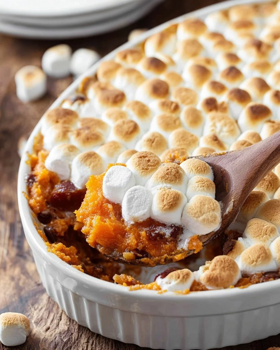 Delicious sweet potato casserole topped with toasted marshmallows