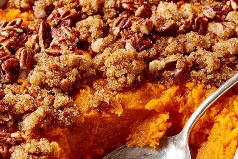 Sweet Potato Casserole with Pecan & Marshmallow Topping