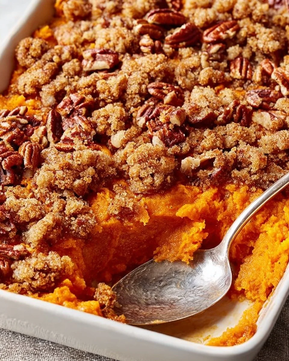 Sweet potato casserole with pecan and marshmallow topping in a baking dish