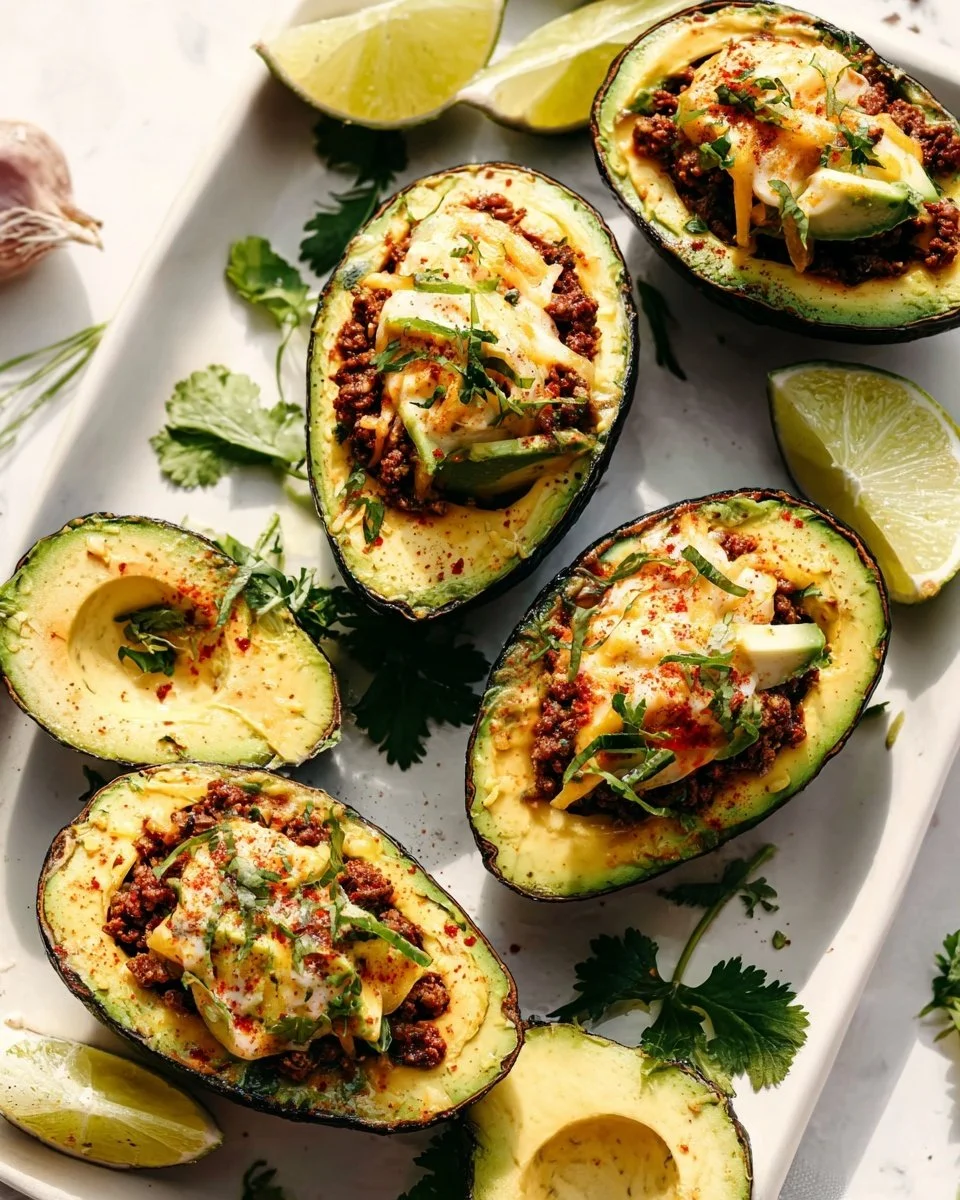 Delicious Taco Stuffed Avocados topped with fresh ingredients.