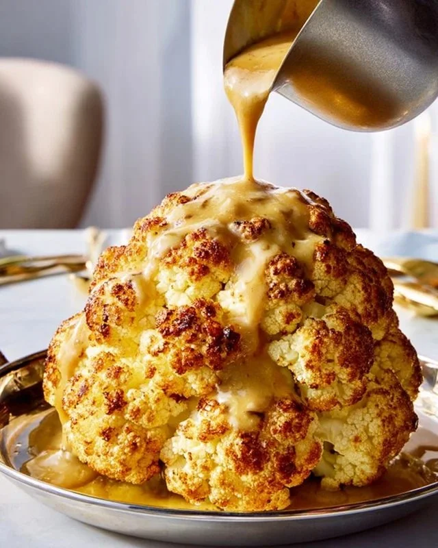 A beautifully roasted Thanksgiving Cauliflower centerpiece garnished with herbs.