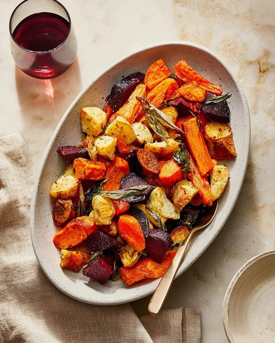 Thanksgiving roasted veggies with crispy sage butter plated elegantly.