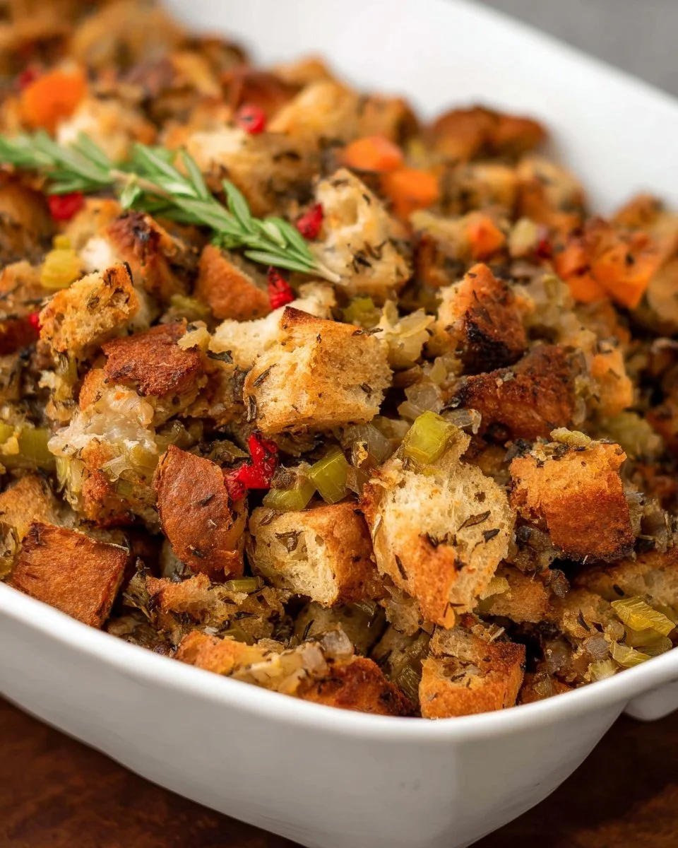 Delicious Thanksgiving vegan stuffing made with seasonal vegetables and herbs.