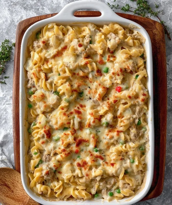 Delicious and creamy tuna casserole served in a baking dish