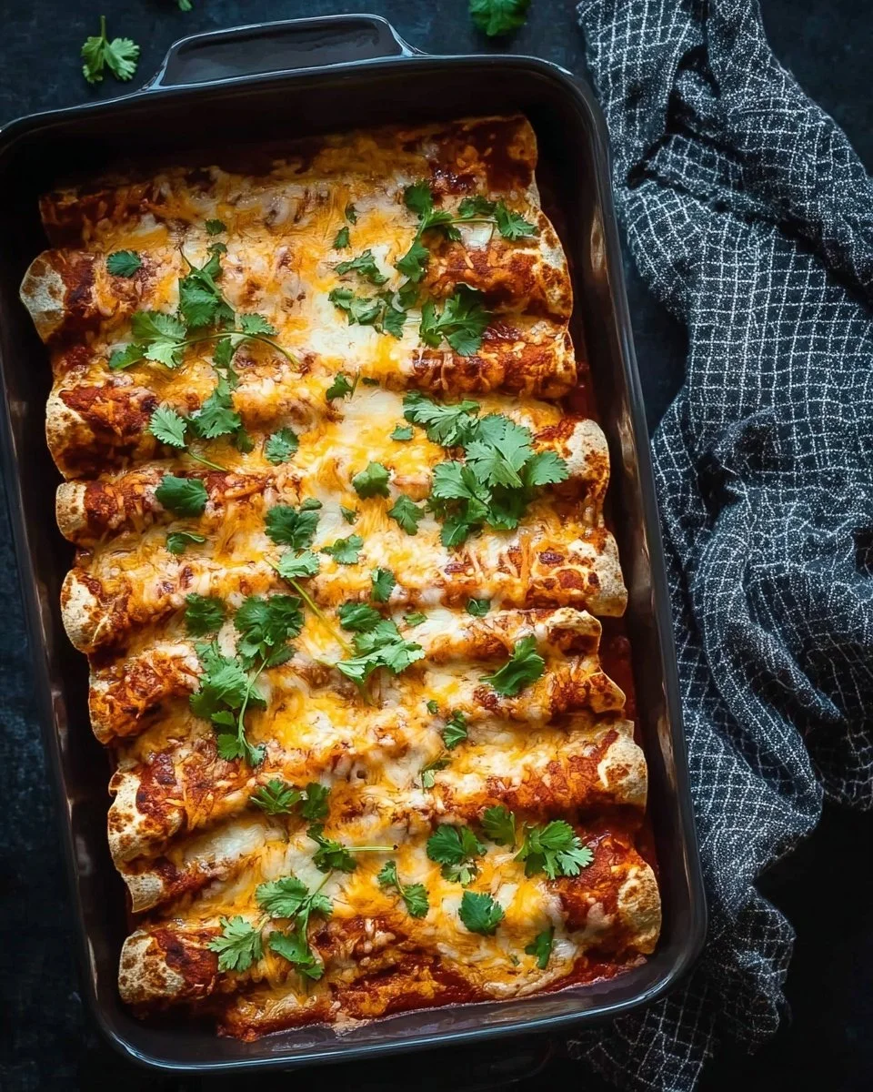 Turkey and black bean enchiladas topped with cheese and fresh herbs