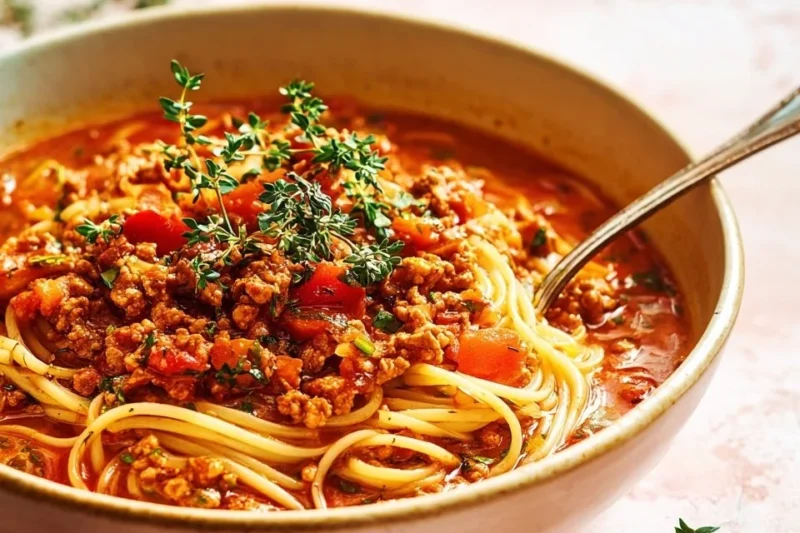Plate of Turkey Bolognese served over pasta with fresh herbs