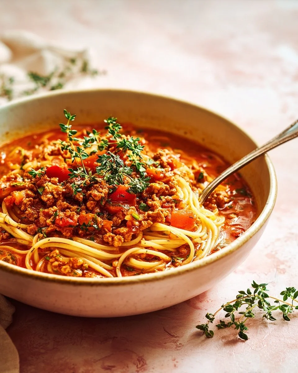Plate of Turkey Bolognese served over pasta with fresh herbs