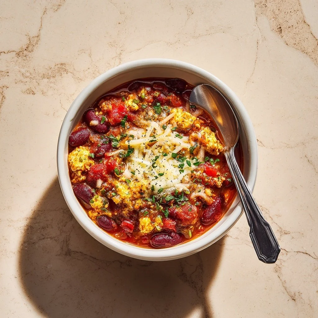 Bowl of hearty turkey chili garnished with herbs and served with crusty bread