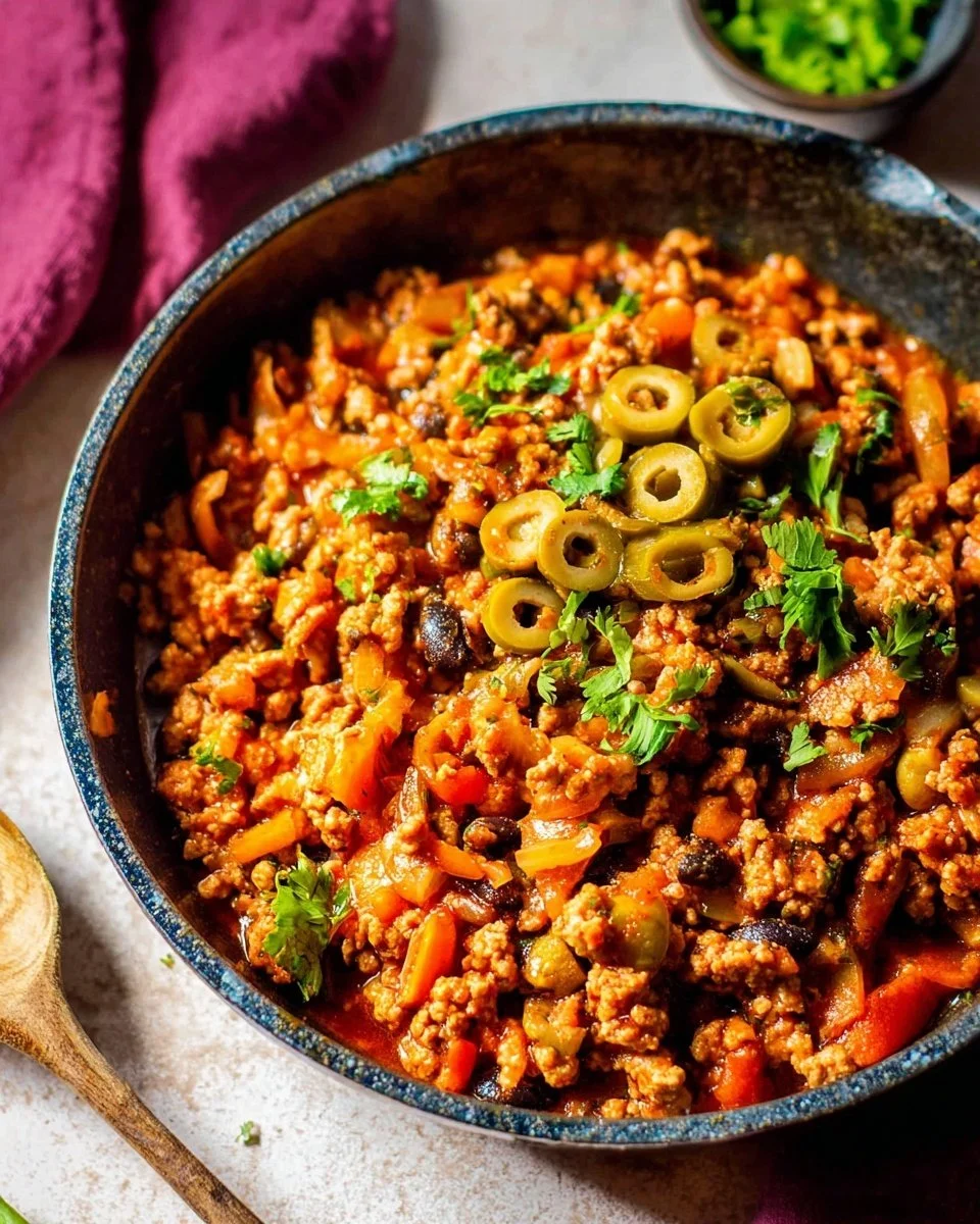 Plate of Turkey Picadillo with colorful vegetables and seasonings