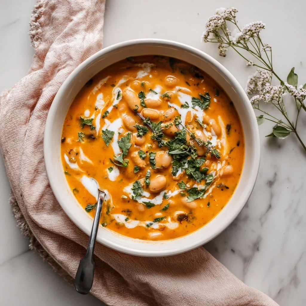Bowl of Turkey Pumpkin White Bean Chili garnished with herbs and spices