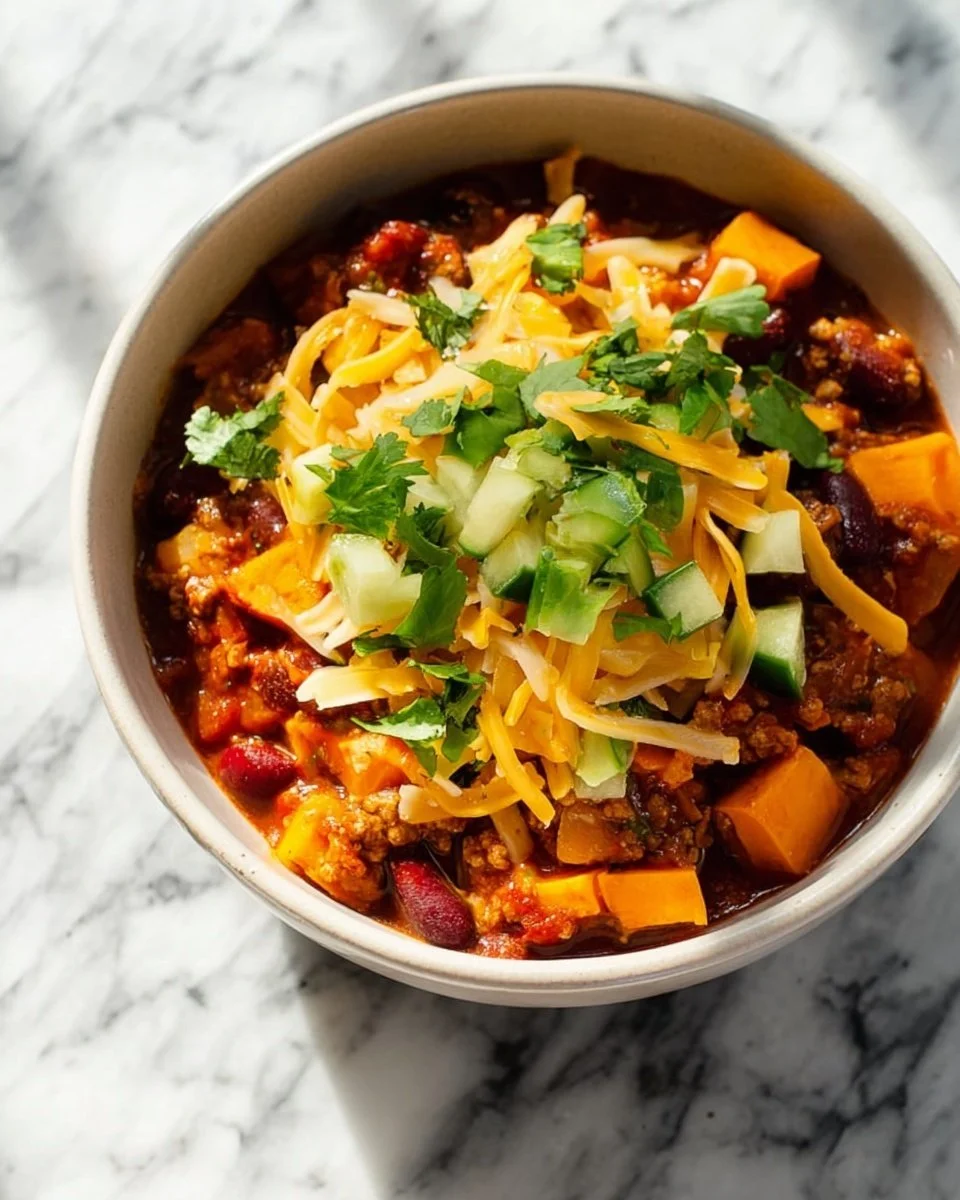 Bowl of Turkey Sweet Potato Chili topped with fresh herbs and spices