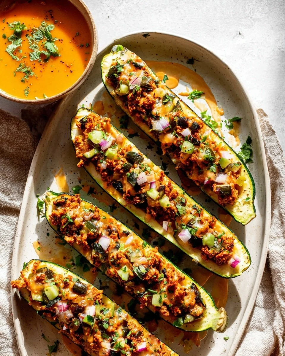 Turkey Taco Stuffed Zucchini Boats filled with seasoned turkey and topped with cheese