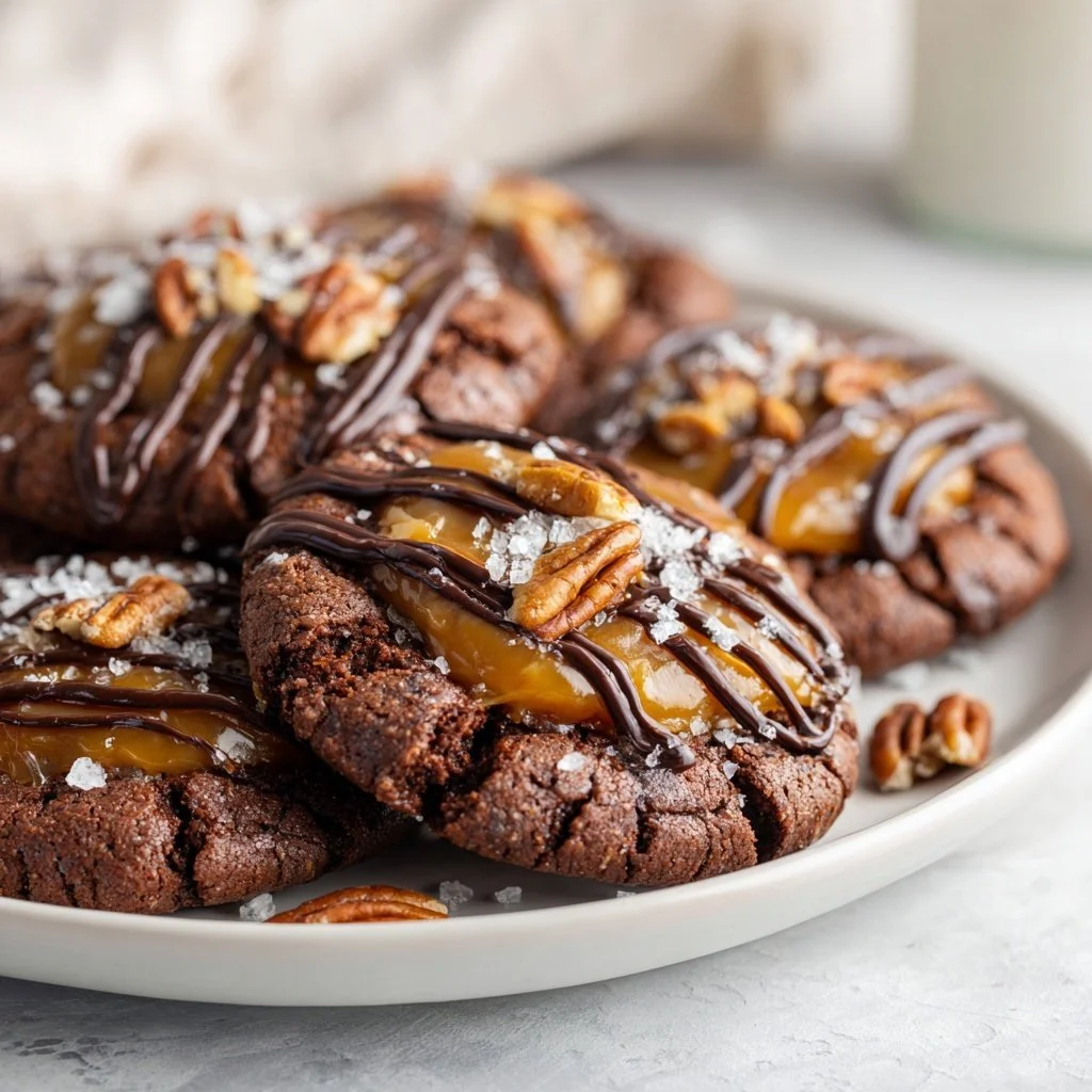 Delicious Turtle Cookies with caramel, chocolate, and pecan topping