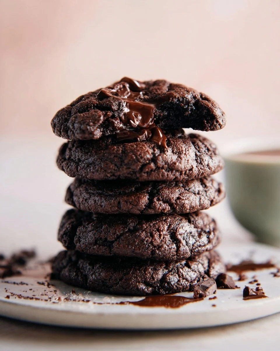 Delicious ultimate chocolate cookies stacked on a plate.