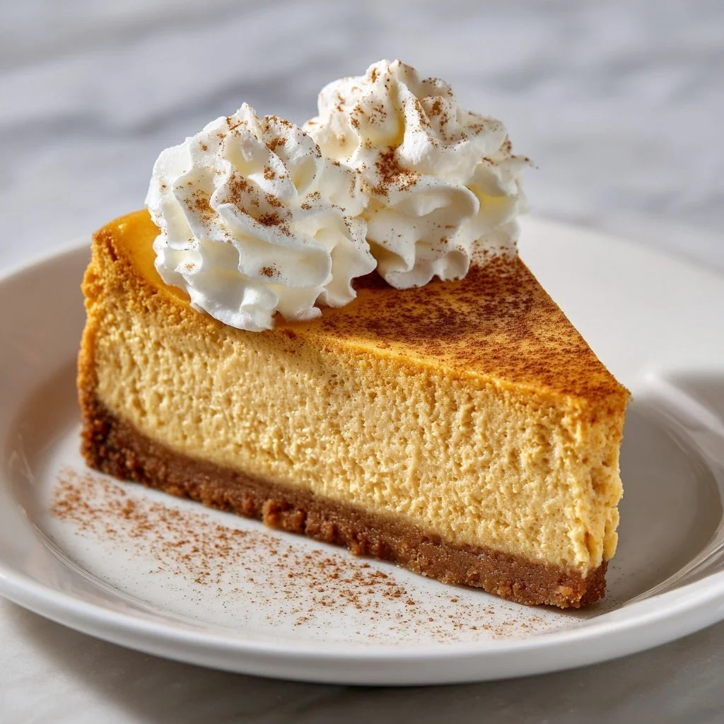Delicious slice of pumpkin cheesecake topped with whipped cream and spices