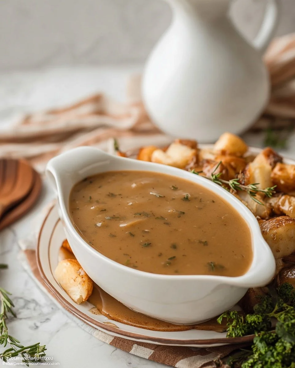Delicious homemade vegetarian gravy served over mashed potatoes.