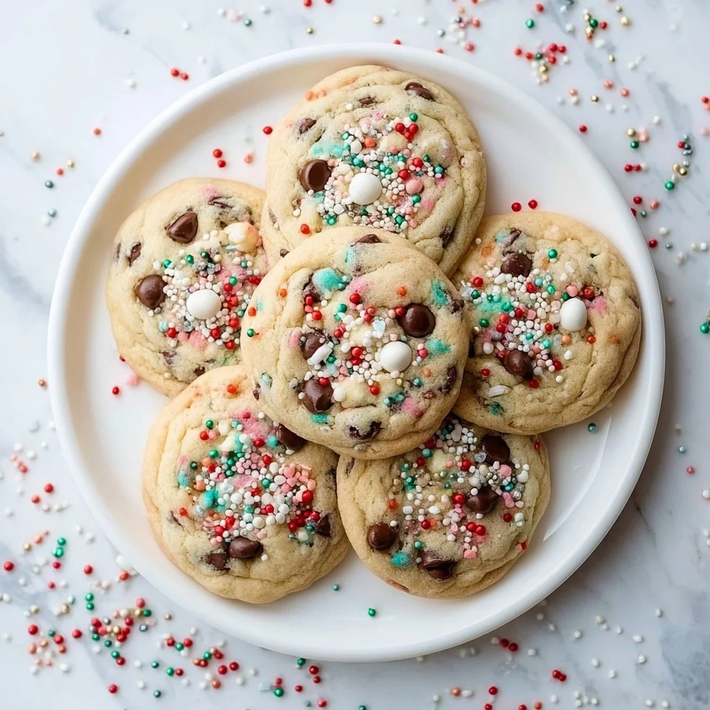 Delicious Winter Wonderland chocolate chip cookies on a festive plate