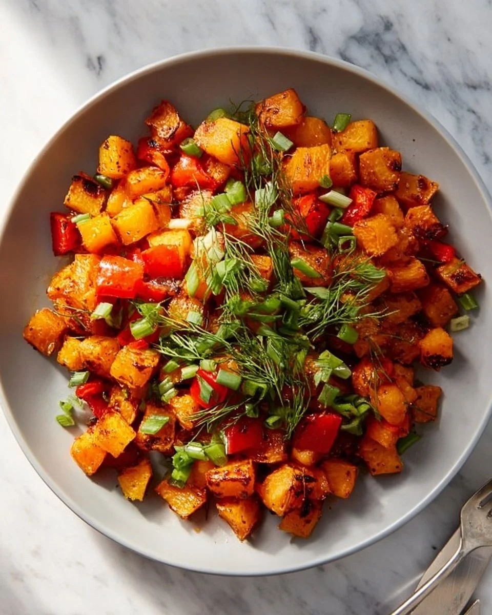 Delicious air fryer sweet potato hash served in a bowl with herbs