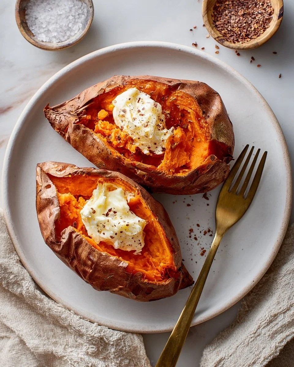 Delicious baked sweet potato served with herbs and spices on a plate.