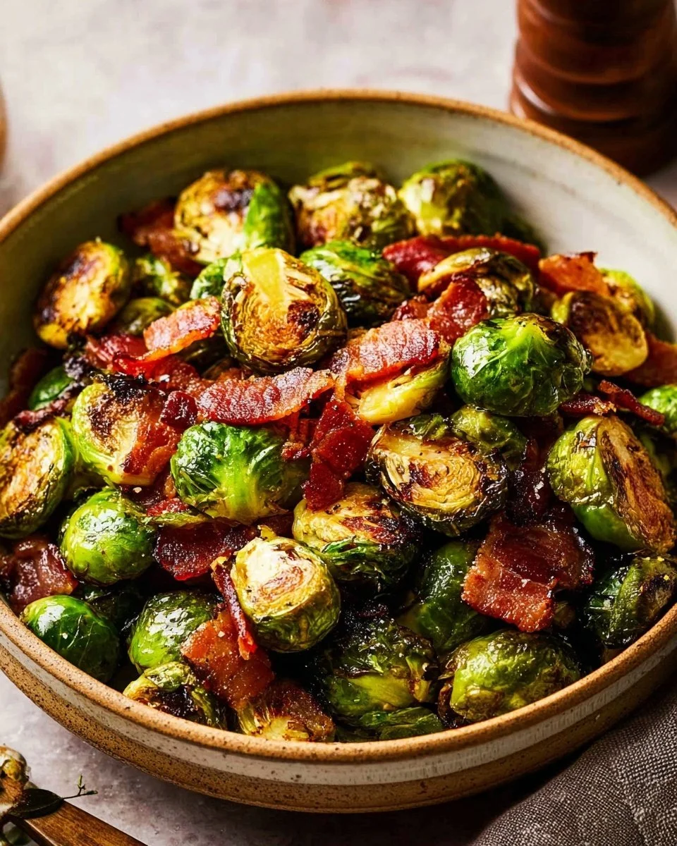 Balsamic Maple Roasted Brussels Sprouts with Bacon on a serving platter