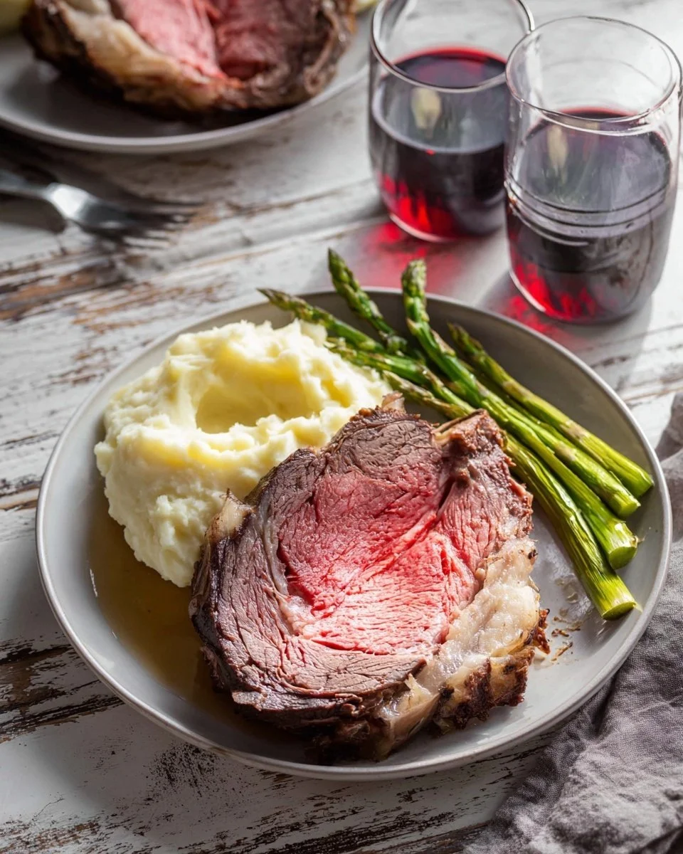 Deliciously seasoned boneless prime rib roast ready for serving