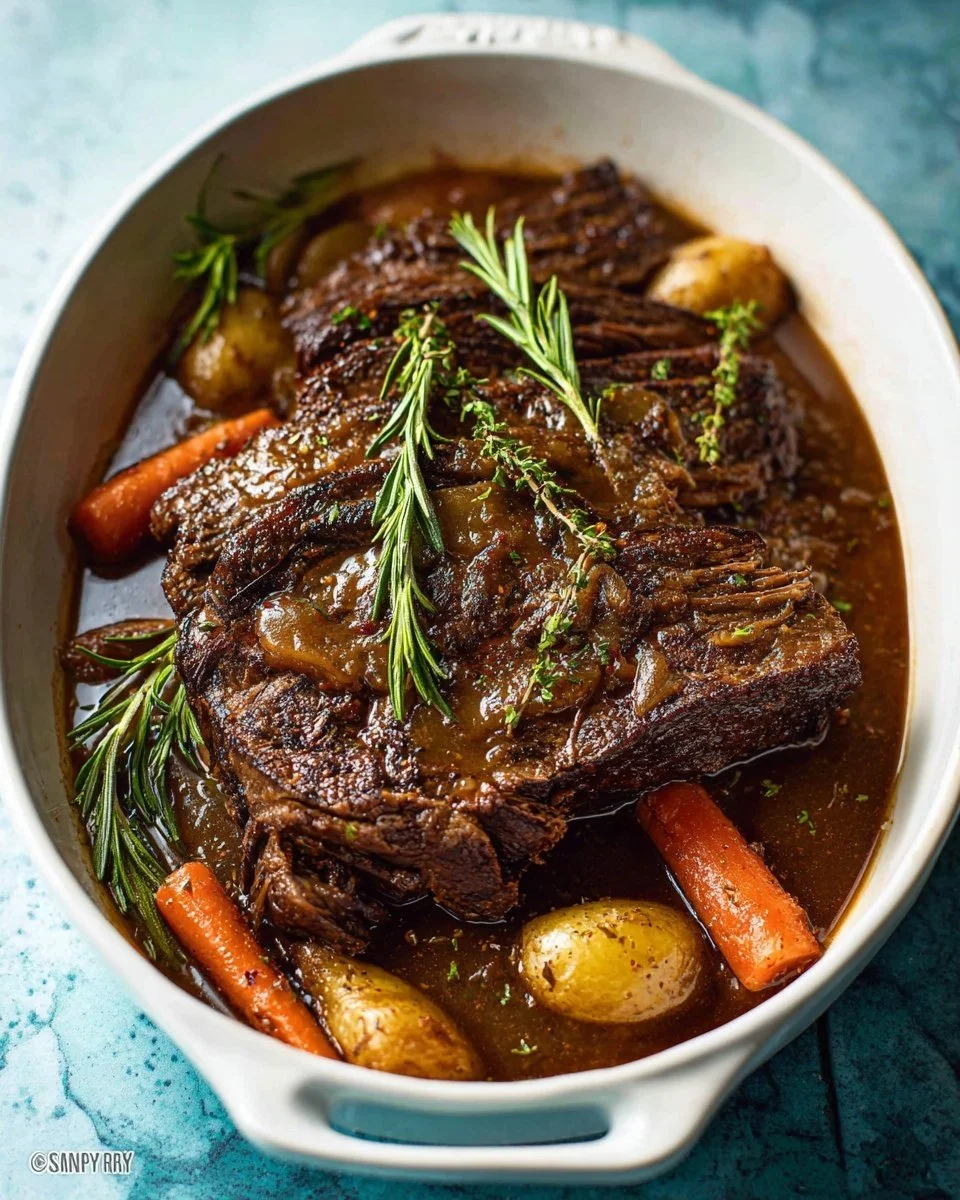 Delicious braised Christmas beef roast ready to serve for holiday dinner