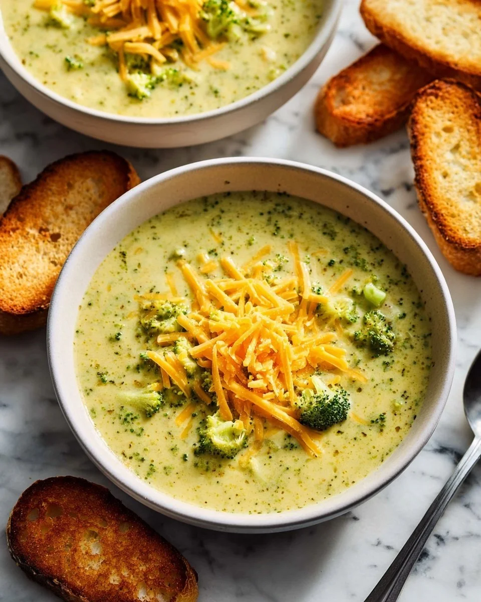 Bowl of creamy broccoli cheddar soup garnished with fresh herbs
