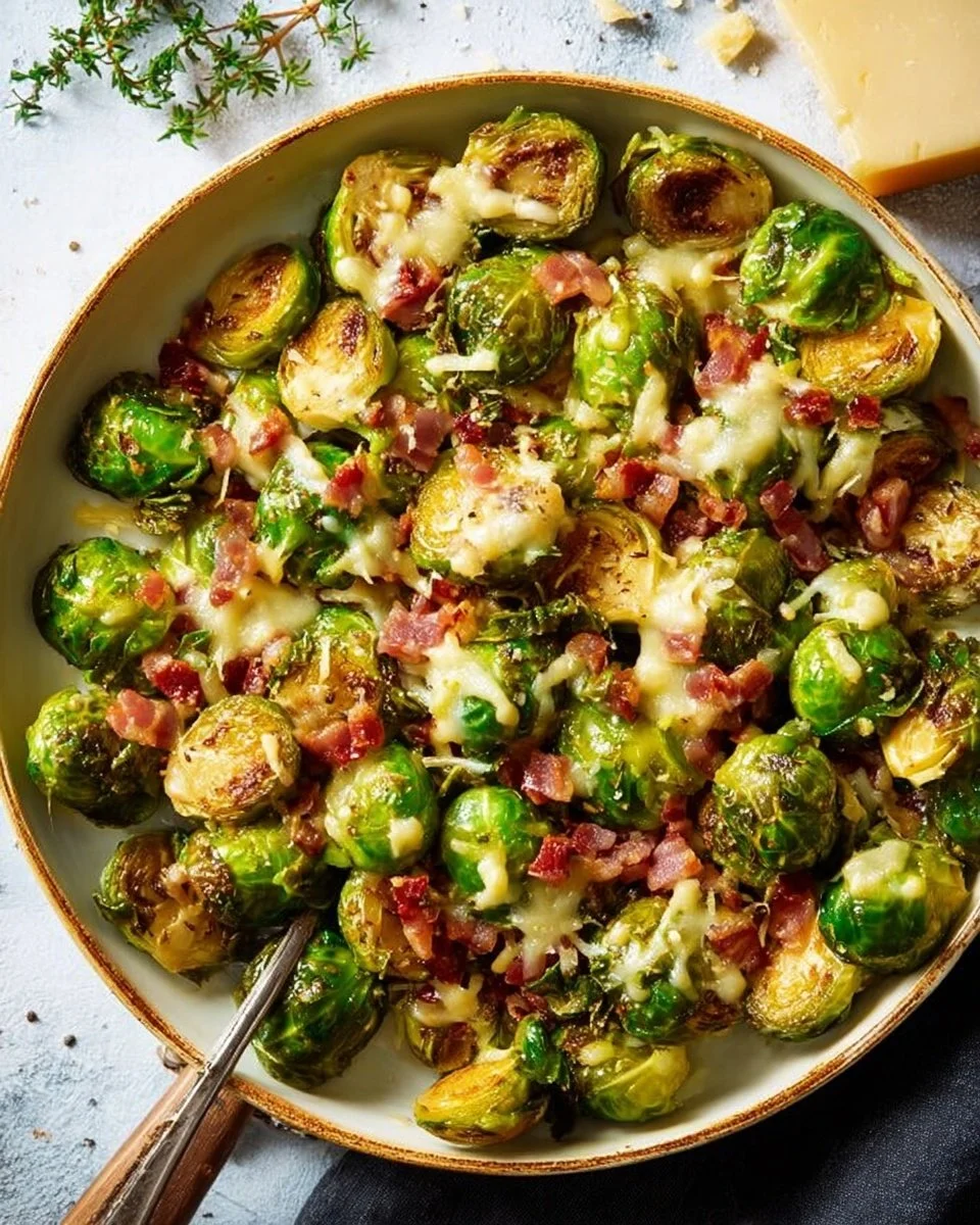 Brussels sprouts with bacon and cheese in a baking dish