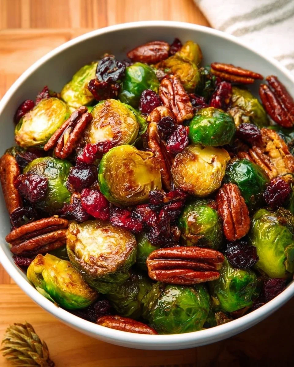 Brussels sprouts with bacon, pecans, and cranberries served in a bowl.