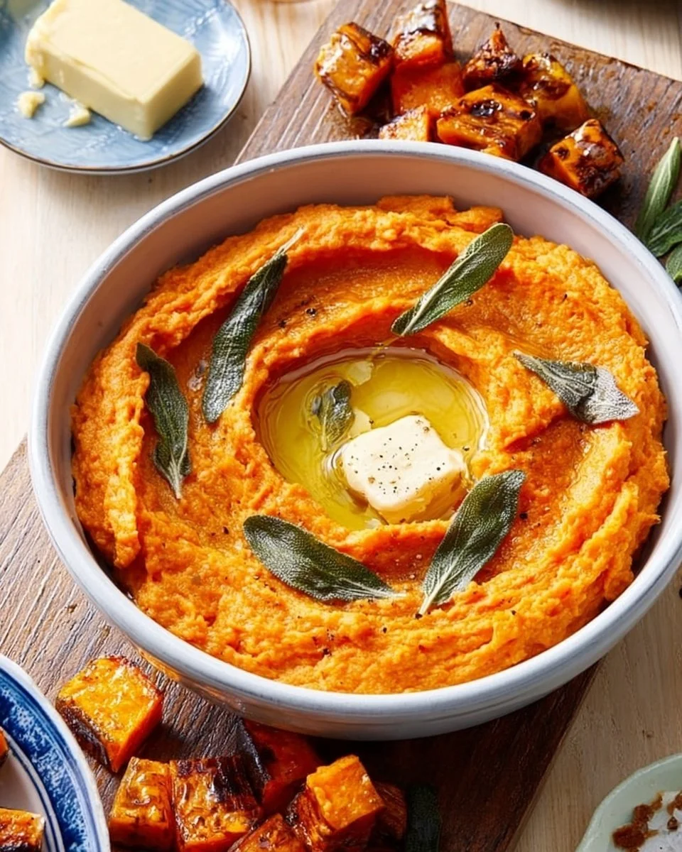 Creamy butternut pumpkin mash served in a bowl with herbs