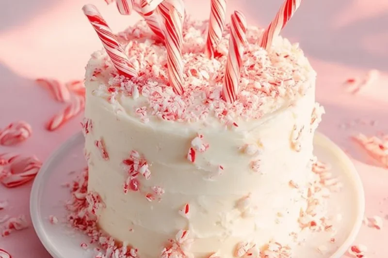 Festive Candy Cane Layered Cake with vibrant red and white layers