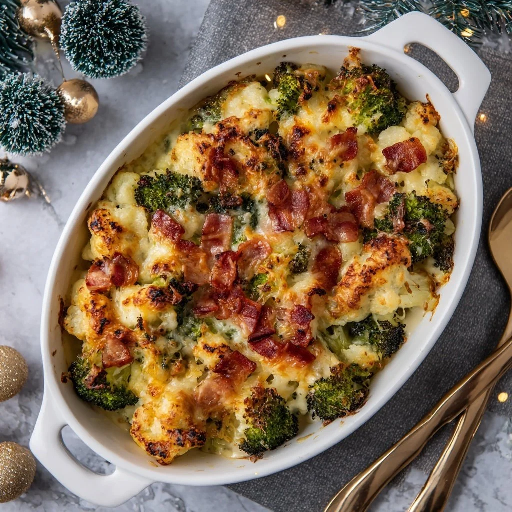 Delicious Cauliflower Broccoli Casserole topped with crispy bacon.