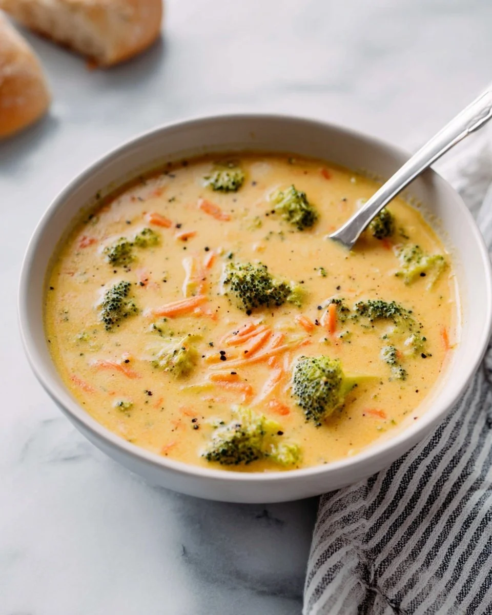 Bowl of creamy cheddar broccoli soup garnished with green herbs.