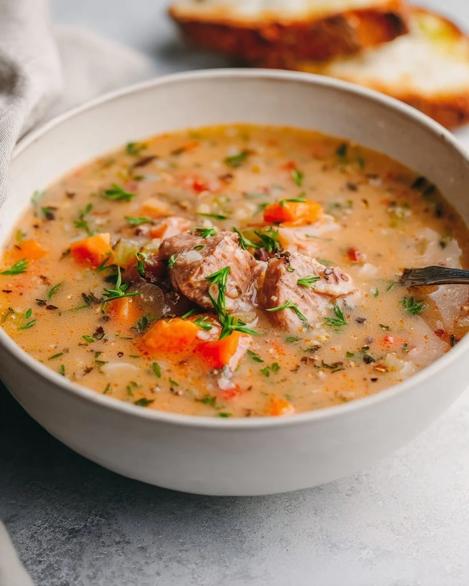 Bowl of Chicken and Wild Rice Soup with fresh ingredients and herbs