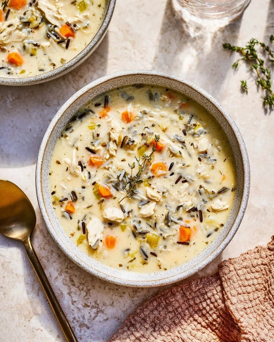 Bowl of delicious Chicken and Wild Rice Soup garnished with herbs.